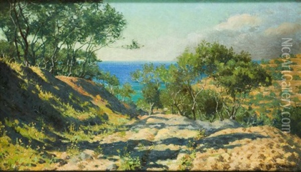 Spiaggia Di San Michele Di Pagano - Rapallo Oil Painting - Carlo Pollonera
