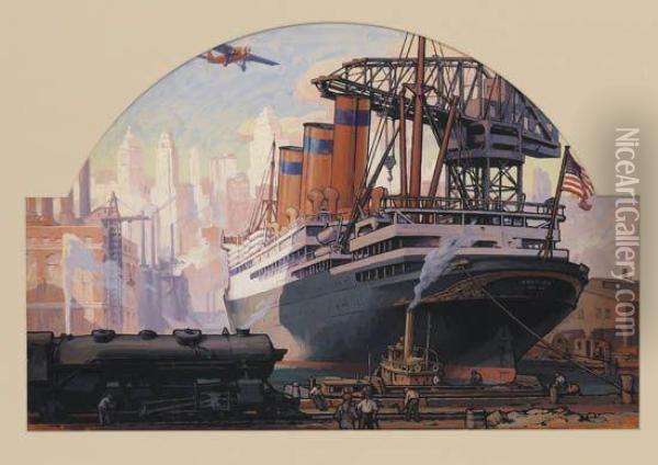 New York Ship Yard Oil Painting - Leon Alarac Shafer