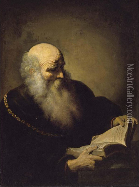 A Bearded Old Man Reading, Half Length, Wearing A Brown Coat And A Golden Chain Oil Painting - Daniel De Koninck