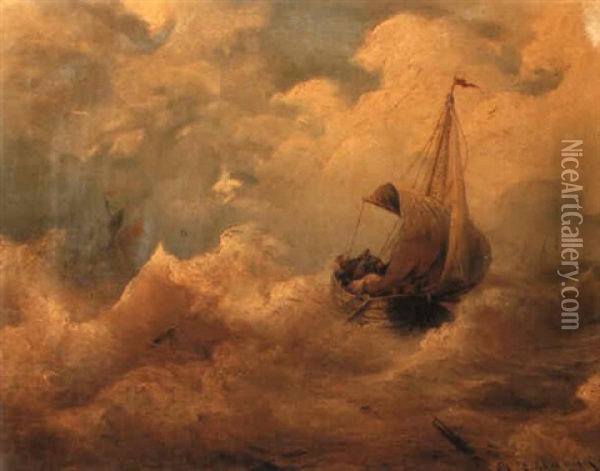 A Fishing Boat In Rough Sea Oil Painting - Andreas Achenbach