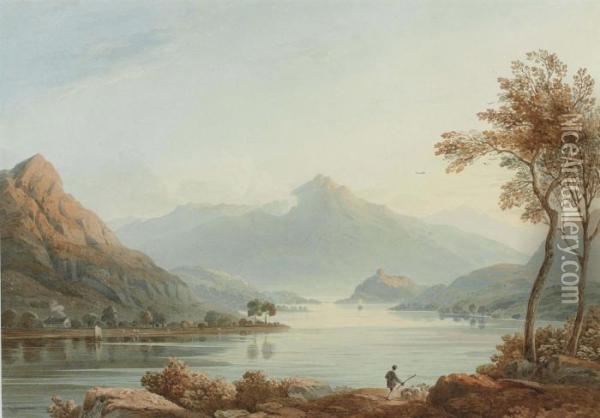 View Of Dolbadarn Castle With Snowdon Beyond, From Across Llyn Padarn, North Wales Oil Painting - John Varley