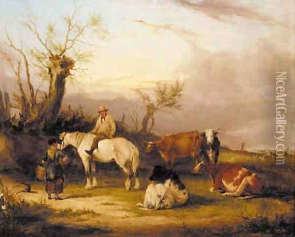 A man on a horse talking to a milkmaid by some cattle Oil Painting - William Joseph Shayer