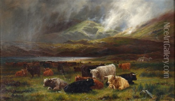 Highland Cattle Resting Near A Loch Oil Painting - Louis Bosworth Hurt