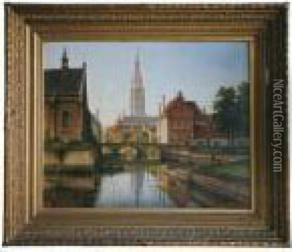 Bruges : La Cathedrale Et Le Canal Oil Painting - Francois Stroobant