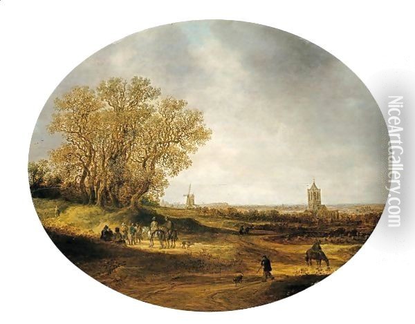Two Riders And Other Figures On A Road, With A Distant View Of The Church Of Nieder-Elten Oil Painting - Jan van Goyen