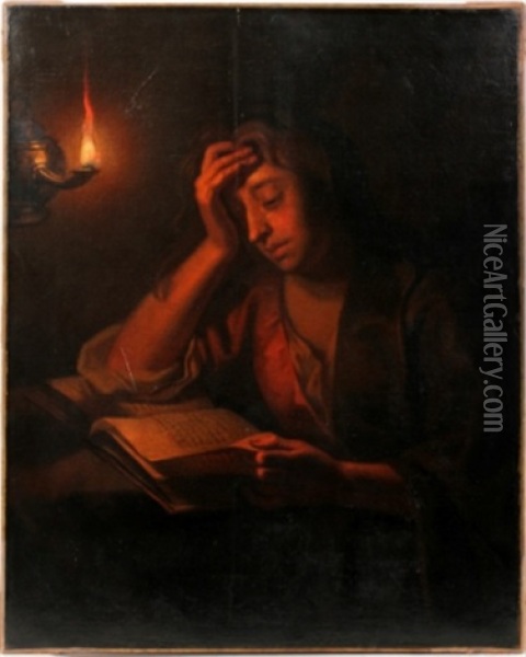 Woman Reading By Candle Light Oil Painting - Petrus van Schendel