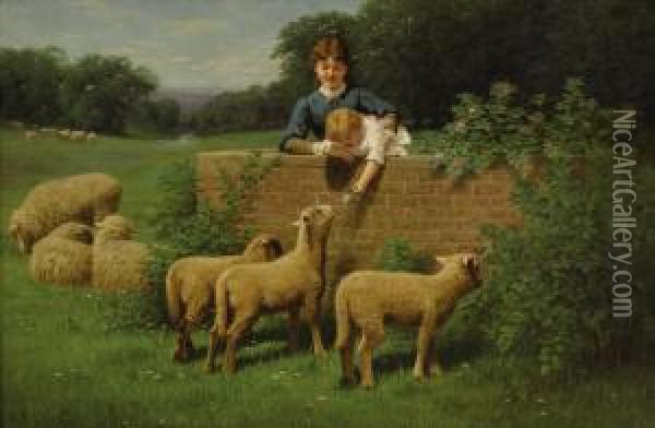 Child Feeding The Sheep Oil Painting - Samuel S. Carr