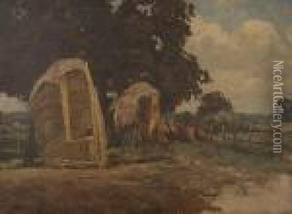 Haystooks In A Landscape Oil Painting - Edward Wilkins Waite
