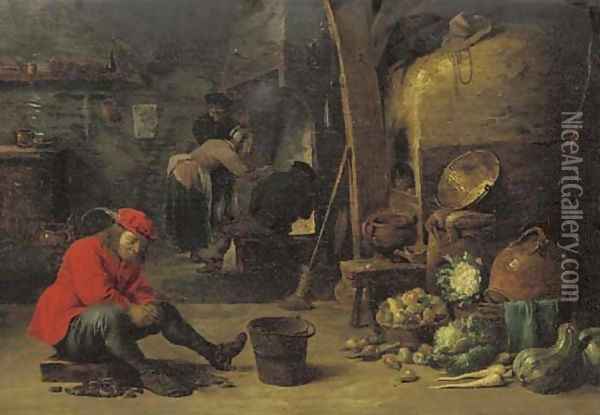 A kitchen interior with a man shucking mussels, and figures around a fire Oil Painting - David The Younger Teniers