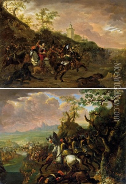 Reiterscharmutzel Auf Einer Anhohe Vor Einer Okkupierten Stadtbefestigung (+ Schlacht Vor Einer Burg; Pair) Oil Painting - Barend Van Kalraet