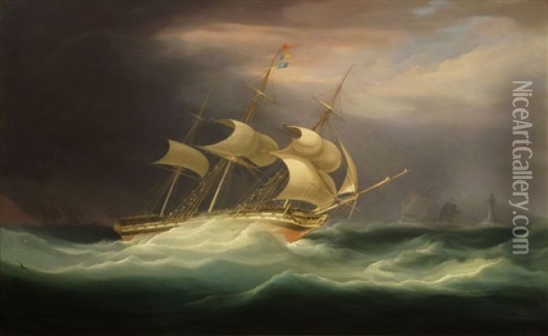 An East Indiaman In A Storm Off Te Eddystone Lighthouse Oil Painting - William John Huggins