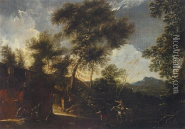 A Landscape With A Man On Horseback And Another Figure Before A House Oil Painting - Bartolomeo Pedon