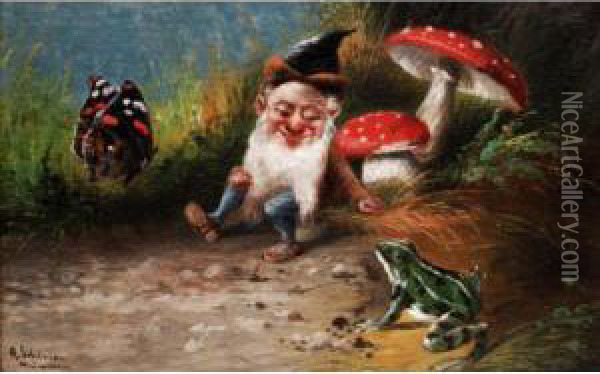 Gnome And Frog Oil Painting - Alfred Schonian