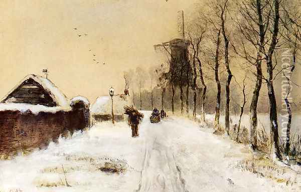 Wood Gatherers On A Country Lane In Winter Oil Painting - Louis Apol