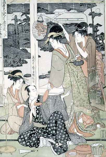 Scene 12, Comparison of celebrated beauties and the loyal league, c.1797 Oil Painting - Kitagawa Utamaro