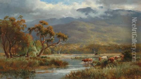 Cattle By The River Oil On 
Canvassigned 'c Rolando' Lower Right 59 X 102 Cm Provenance: 
Privatecollection Melbourne Oil Painting - Charles Rolando