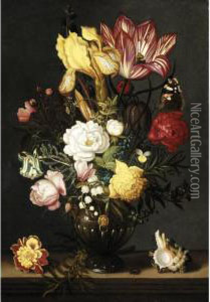 A Tulip, A Yellow Iris, A Sprig 
Of Moss Rose, A Snake's Head Fritillery, Roses, Peonies, Forget-me-not, 
Lily-of-the-valley And Other Blooms In A Bronze Vase With Gilt Mounts, 
On A Ledge Flanked With A Shell And A Marigold Oil Painting - Ambrosius the Younger Bosschaert