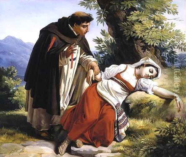 Young Monk Waking a Roman Peasant Girl 2 Oil Painting - Louis-Leopold Robert