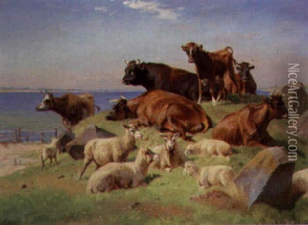 Sheep And Cattle Resting In A Coastal Landscape Oil Painting - Adolf Heinrich Mackeprang