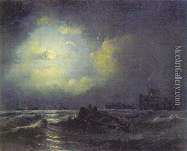 Nachtliche Szene: Ein Rettungsboot Lauft Zu Einem Brennenden Schiff Aus Oil Painting - Ary Pleyssier