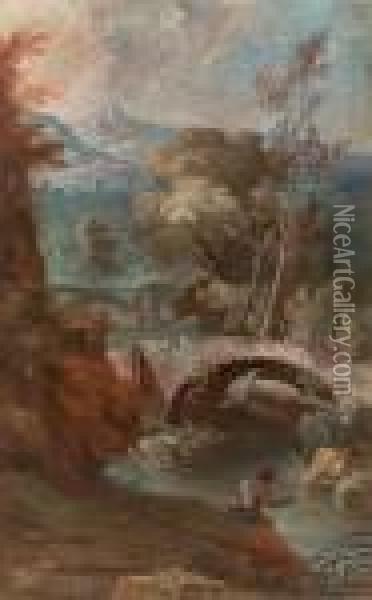 Paesaggio Con Ponte Su Un Ruscello, Pescatore E Viandanti Oil Painting - Giuseppe Bernardino Bison
