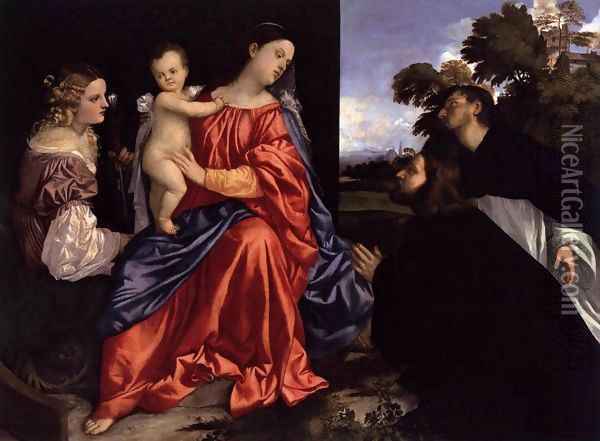 Madonna and Child with Sts Catherine and Dominic and a Donor 2 Oil Painting - Tiziano Vecellio (Titian)