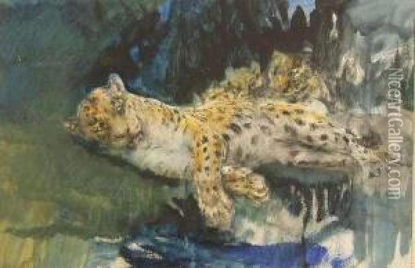 Leopardess And Cubs Oil Painting - John Macallan Swan