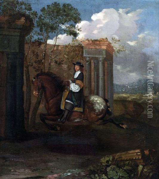 Reiter Bei Der Courbette Vor Sudlicher Landschaft Oil Painting - Johann Georg Hamilton