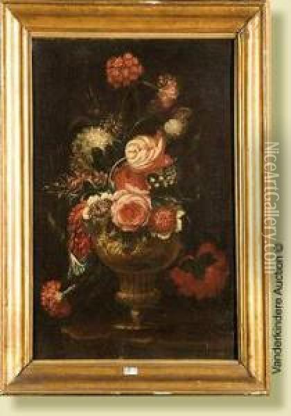 Vase De Fleurs Sur Un Entablement Oil Painting - Andrea Scaccati