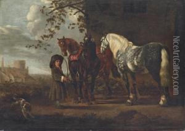 A Landscape With Three Horses Being Held By A Young Boy Oil Painting - Abraham Van Calraet