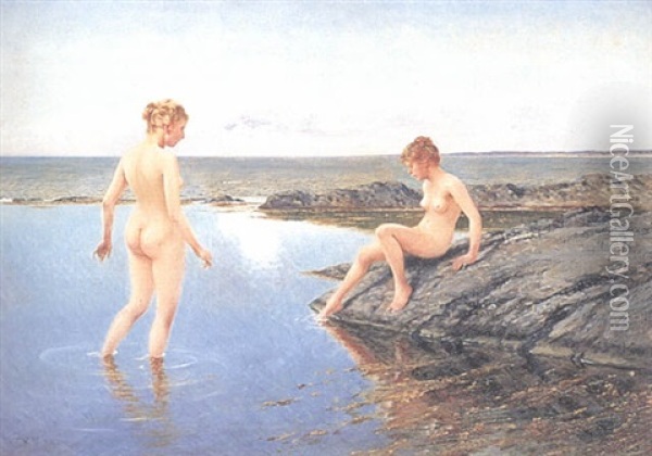 Badande Kvinnor Oil Painting - August Vilhelm Nikolaus Hagborg