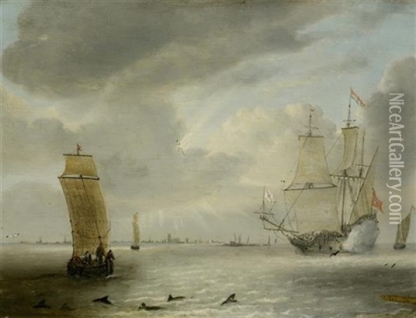 Marine In Leicht Bewegter See, Im Vordergrund Delphine Oil Painting - Willem van Diest