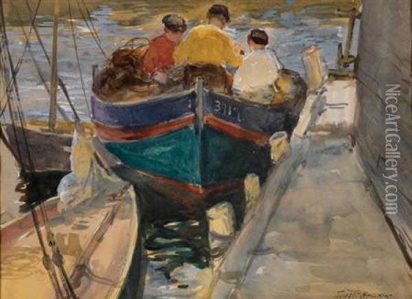 Three Men At The Dock Oil Painting - Charles Paul Gruppe