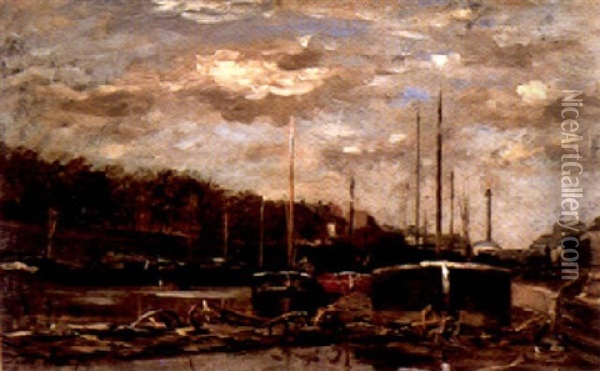 Barges Moored On The Seine Oil Painting - Karl Pierre Daubigny