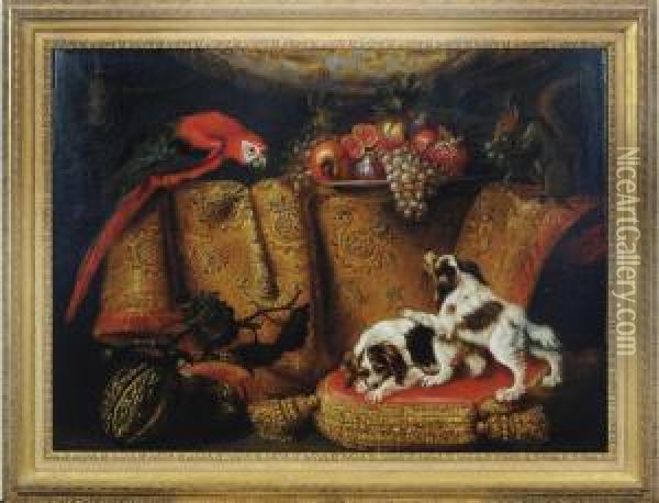 Still Life Of Dogs, Parrot And Fruit By A Draped Table Oil Painting - Francesco (Il Maltese) Fieravino