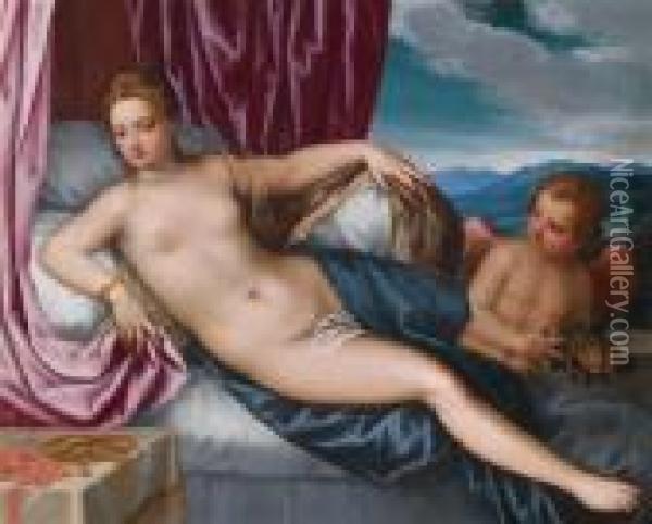 Liegende Venus Und Amor Oil Painting - Hans Rottenhammer