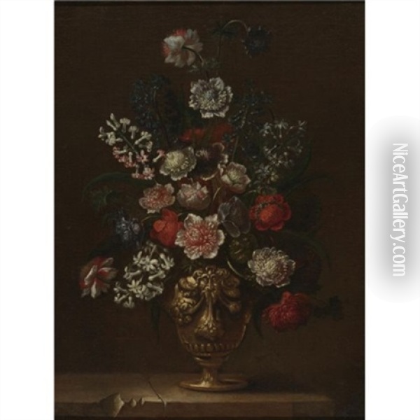 Still Life Of Flowers In An Urn On A Marble Ledge Oil Painting - Mario Nuzzi