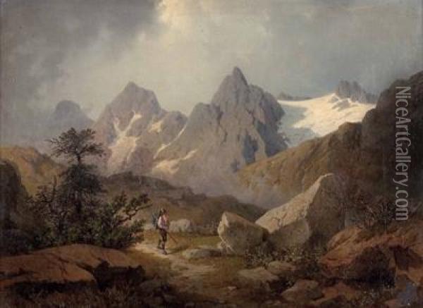 Wanderer In Tiroler Hochalpiner Landschaft Oil Painting - Constant Guillaume Claes