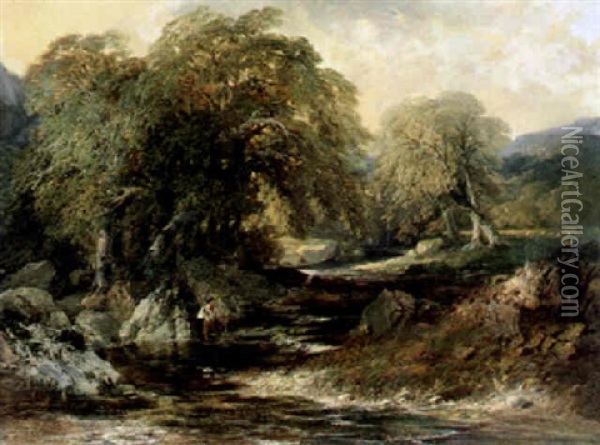 Flusslandschaft Mit Fischer Oil Painting - Edmund John Niemann