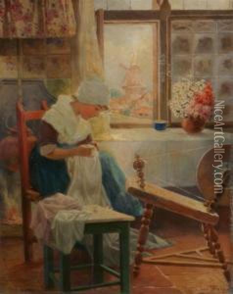 Woman Sewing Oil Painting - Jean Didier Debut