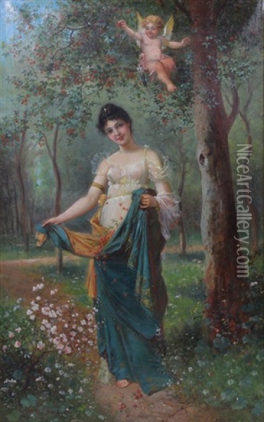 Maiden In A Silk Gown With Cherub Oil Painting - Eugen von Blaas