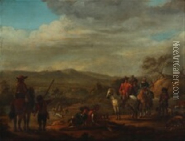 Landscape With Hunters By Horseback On Falconry Oil Painting - Johann Salomon Wahl