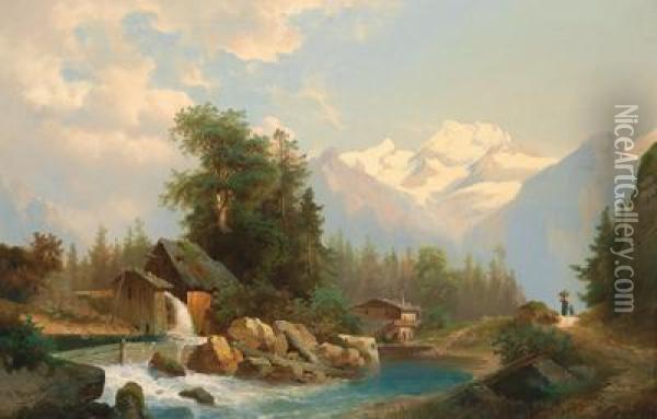 Alpen Landschaft Mit Wanderern Oil Painting - Josef Thoma