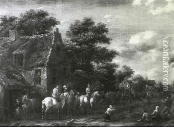 A Village Landscape With Figures Playing An Equestrian Sport In The Street Oil Painting - Barend Gael