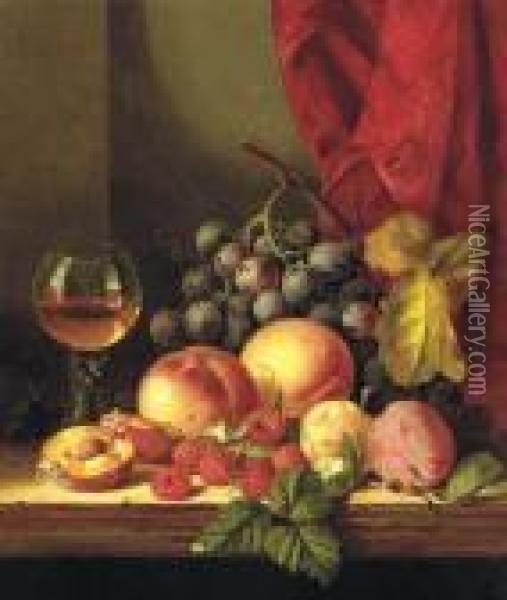 Still Life With Plums, Peaches, Black Grapes, Raspberries, And Aroemer Oil Painting - Edward Ladell