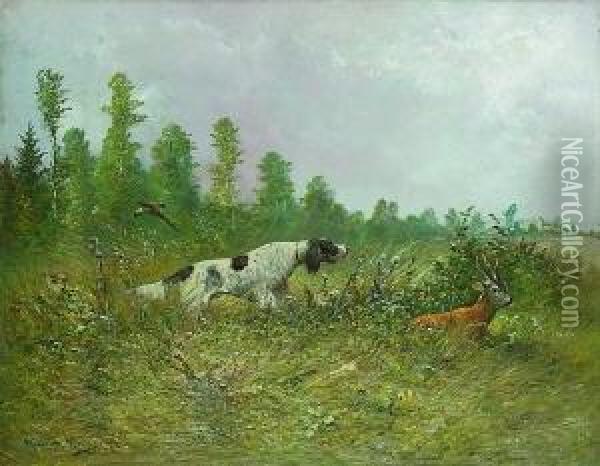 Jagdhund, Einen Rehbock
 Verfolgend. Oil Painting - Moritz Muller