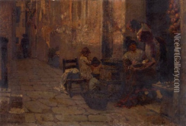A View Of An Alleyway With Women And Children Gathering In The Foreground Oil Painting - Egisto Lancerotto