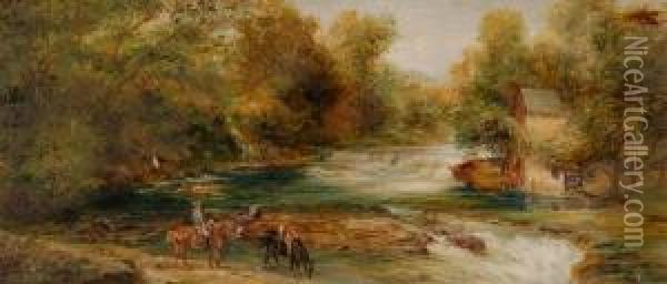 Horse Riders Near Sedgewick Falls On The River Kent Between Carnforth And Keswick Oil Painting - Edwin Frederick Holt