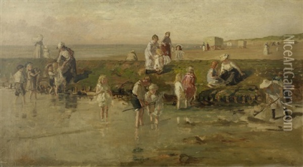 Summertime On Scheveningen Beach Oil Painting - Johan Antonie de Jonge