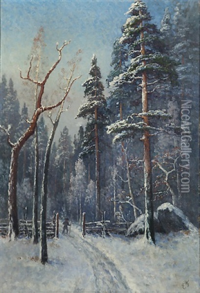 Skier On A Wintry Forest Path Oil Painting - Ellen Favorin